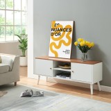 Comoda TV Reyljand cu 2 usi, 120x35x50 cm, alb si aspect teak