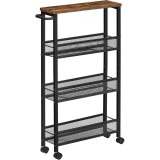 VASAGLE Carucior de bucatarie ingust cu roti, 4 niveluri, cadru metalic, 13x47x77 cm, maro rustic Household NewTrend