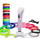 Creion 3D cu filament, mov deschis, 1.75 mm, 20 culori, 110 m, compatibil PLA ABS, ecran LCD, temperatura reglabila, motor metalic, duza ceramica