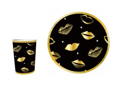 Set 8 pahare 8.5 cm, 175 ml si 8 farfurii de carton, 18 cm, Negru Auriu