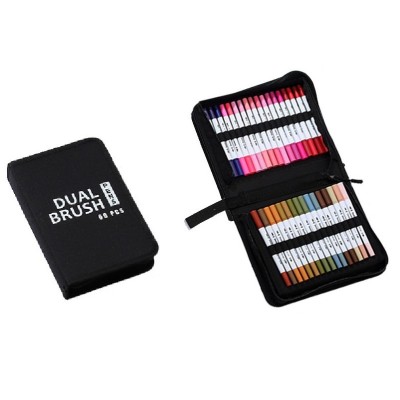 Set Carioci pe Baza de Apa, Cyrax, 2 in 1, pentru Pictura, Caligrafie, 60 Culori, Penar Negru, Corp Carioca Alb, 26.5 x 17.5 x 4.5 cm, Multicolor foto