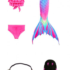 Set 5 piese Costum de baie Sirena THK, include top, slip, coada sirena, coronita cu flori, si Inotatoarea pentru fixarea cozii, Rosu/Albastru, 140 cm