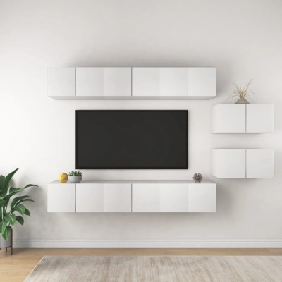 Set dulapuri TV, 8 piese, alb, lemn prelucrat foto