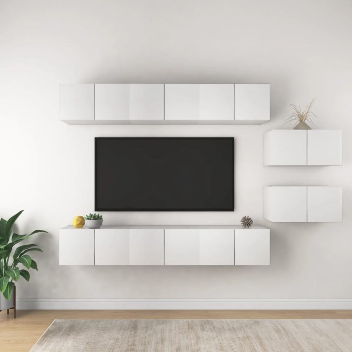 Set dulapuri TV, 8 piese, alb, lemn prelucrat