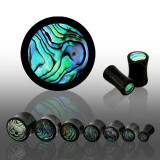 Plug de ureche &icirc;n formă de șa din material organic negru, cerc realizat din scoică abalone - Lățime: 22 mm