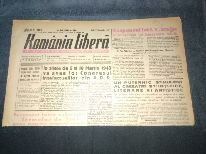 ZIARUL ROMANIA LIBERA 3 FEBRUARIE 1949