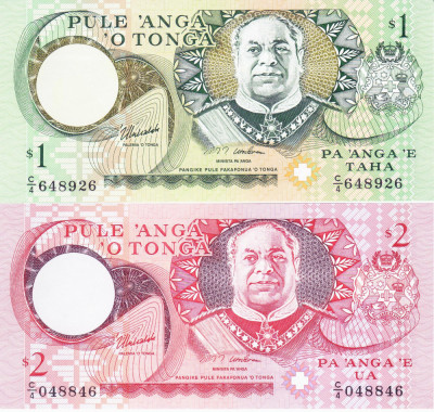 Bancnota Tonga 1 si 2 Pa&amp;#039;anga (1995) - P31d/32d UNC ( set x2 - serie C/4 ) foto