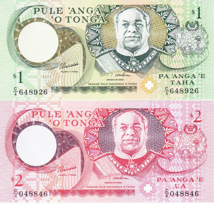 Bancnota Tonga 1 si 2 Pa&#039;anga (1995) - P31d/32d UNC ( set x2 - serie C/4 - vezi descriere )