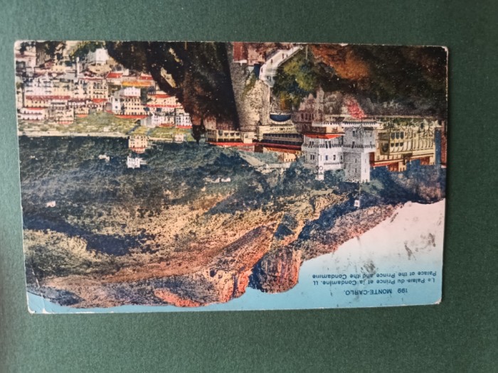 carte postala Palatul printului de Monaco si condominiumul , anii 1928 , circulata , cu timbre si stampile ,destinatar doamna Teisanu,Romania