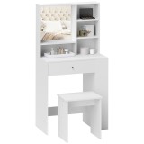 HOMCOM Set Masă de Toaletă cu Scaun, Stație de Machiaj cu Sertar, Oglindă și Rafturi din Lemn, 70x40x137 cm, Alb | Aosom Romania