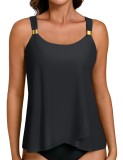 Tankini cu control al abdomenului, hem fluid, decolteu &icirc;n U, cu bureți, costum de baie &ndash; Negru L