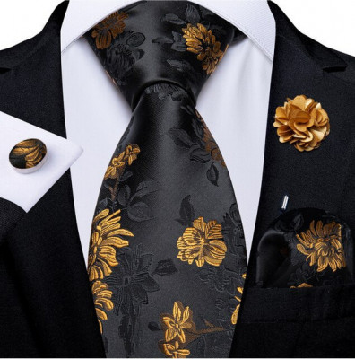 Set cravata + batista + butoni + brosa floare - matase - model 325 foto