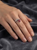 Cumpara ieftin Inel Deschis din Argint 925 Dangle Heart cu Zirconiu Rosu Rubiniu si Cristale Albe