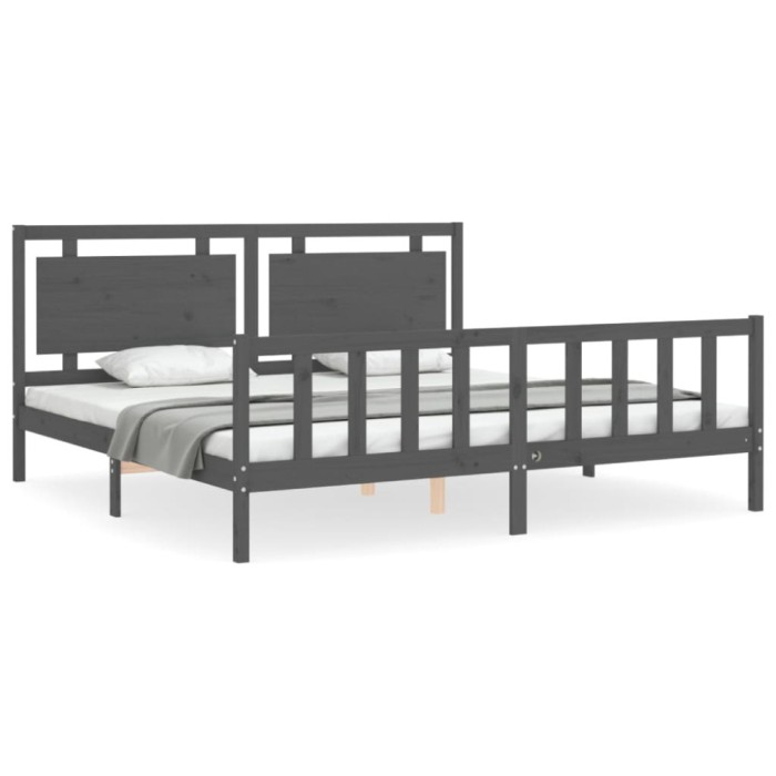 Cadru pat cu tablie 200x200 cm, gri, lemn masiv