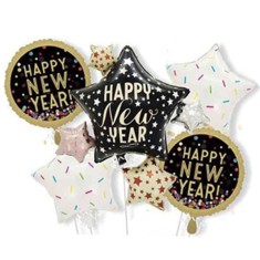 Baloane pentru aniversare, Cyrax, tematica Happy New Year, set 9 baloane, 1 Stea Mare 83 x 90 cm, 6 stele, 2 rotunde, din folie de aluminiu, pai de ca