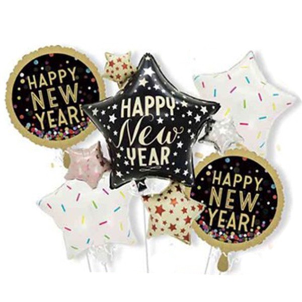 Baloane pentru aniversare, Cyrax, tematica Happy New Year, set 9 baloane, 1 Stea Mare 83 x 90 cm, 6 stele, 2 rotunde, din folie de aluminiu, pai de ca