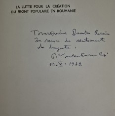 Carte cu autograf P Constantinescu Iasi Front populaire en Roumanie