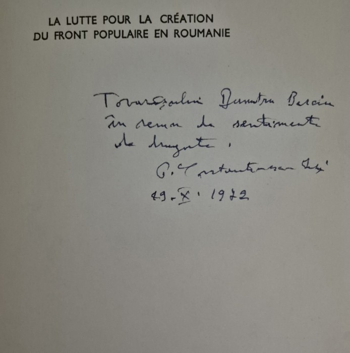 Carte cu autograf P Constantinescu Iasi Front populaire en Roumanie