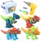 Set de Constructie, Flippy, 4 Dinozauri, cu Bormasina de Jucarie, Surubelnita si Cutie Depozitare, 22 cm, Multicolor