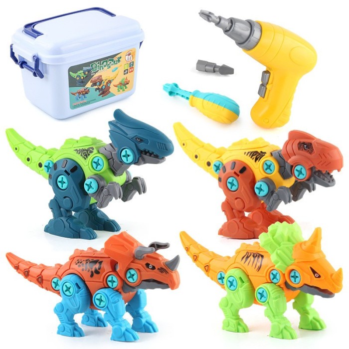 Set de Constructie, Flippy, 4 Dinozauri, cu Bormasina de Jucarie, Surubelnita si Cutie Depozitare, 22 cm, Multicolor