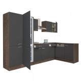 Mobilier de bucătărie de colț Yorki 340, cu corp din stejar Yorki, fațade antracit cu finisaj satinat, cu dulap cu rafturi și frigider cu congelator &icirc;