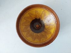 Farfurie ceramica blid de lut, veche, facuta manual, taraneasca rustica, adanca, 17cm diametru x 7cm inaltime
