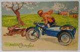 FROLICHE OSTERFEST , FELICITARE DE PASTE , COPIL PE MOTOCICLETA URMARIND UN IEPURAS , CARTE POSTALA , PERIOADA INTERBELICA
