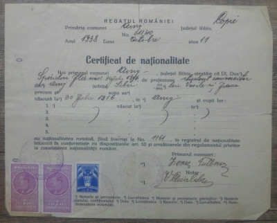 Certificat de nationalitate// Sibiu, Regatul Romaniei, 1938 foto