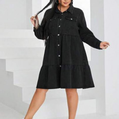 Rochie mini din denim, cu maneca lunga si nasturi, negru, dama, Shein