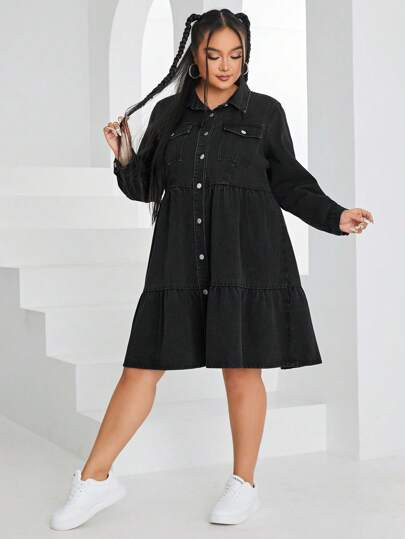 Rochie mini din denim, cu maneca lunga si nasturi, negru, dama, Shein