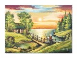 Cumpara ieftin Tablou pictat manual living, dormitor, Apus de soare cu pescar, 70x50cm ulei pe panza, Constantin Feraru