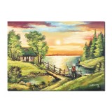 Tablou pictat manual living, dormitor, Apus de soare cu pescar, 70x50cm ulei pe panza, Constantin Feraru