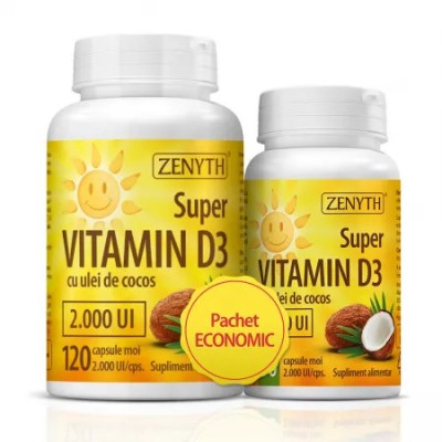 Pachet Super Vitamina D3 cu ulei de cocos 2000UI, 120 + 30 capsule, Zenyth foto