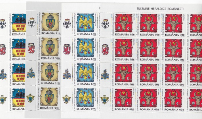 INSEMNE HERALDICE ROMANESTI,SET MINICOLI DE 16 TIMBRE,2008,Lp.1816,MNH,ROMANIA.