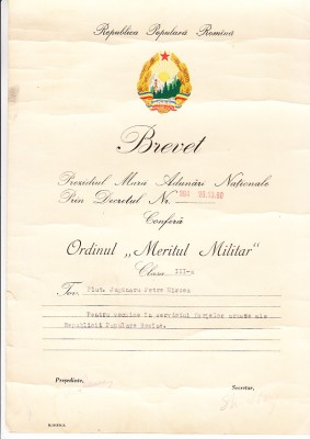 QW13 14 - 1960 - brevet - Ordinul Meritul militar - clasa a III - a - RPR foto