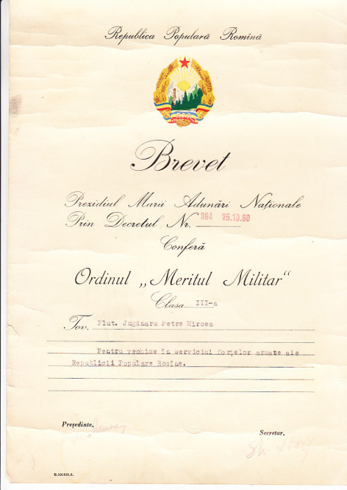 M3 C18 - 1960 - Brevet - Ordinul - Meritul militar - clasa a III - a - RPR