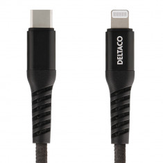 Cablu impletit 1m DELTACO Lightning la USB-C, 9V/2A PD, 5V/3A PD, 5V/2.4A, USB 2.0, negru foto