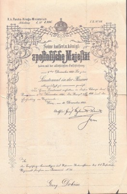 A3815N Brevet de ridicare la gradul de locotenent &amp;icirc;n rezervă a lui George Dobrin, primul prefect rom&amp;acirc;n al județului Caraș după Marea Unire, 1883 foto