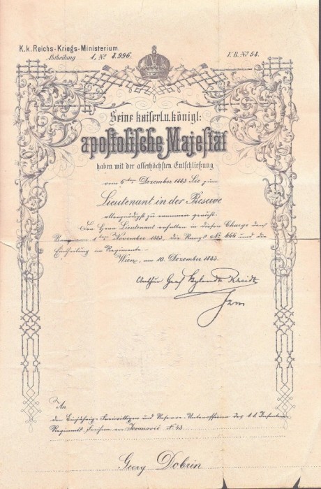 A3815N Brevet de ridicare la gradul de locotenent &icirc;n rezervă a lui George Dobrin, primul prefect rom&acirc;n al județului Caraș după Marea Unire, 1883