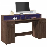 Birou vidaXL cu LED, Stejar Maro, 160x55x91 cm, Lemn Prelucrat, Spatios, Modern