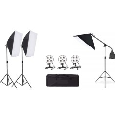 Kit de 3 softboxuri cu macara, soclu de 4 becuri, 3 trepiezi reglabili 200 cm, fara becuri, geanta de transport inclusa