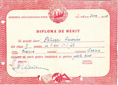 M3 C18 - 1952 - Dilpoma merit - clasa 3 - Scoala de 7 ani nr 1 fete - Craiova foto