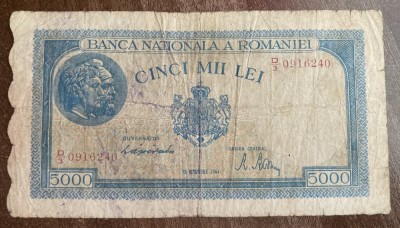 B11 87 - Bancnota foarte veche - Romania - 5000 lei - emisiune 10 octombrie 1944 - filigran BNR orizontal foto