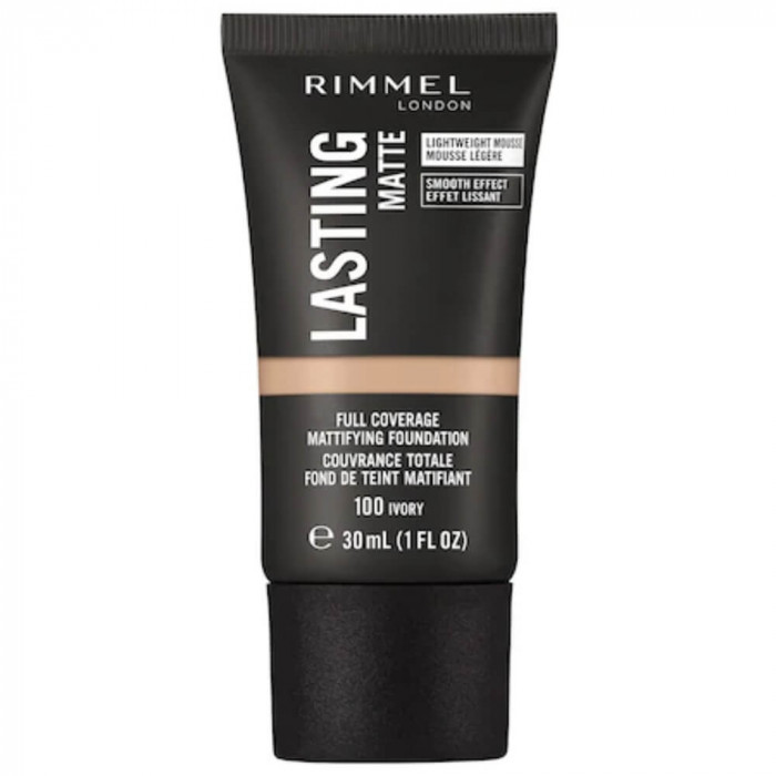 Fond de Ten Rimmel Lasting Matte, 100 Ivory, 30 ml, Fond de Ten cu Acoperire, Fond de Ten Efect Mat, Fond de Ten cu Acoperire Mare, Fond de Ten Rezist