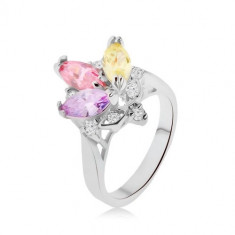Inel lucios - ştrasuri colorate, în formă de bob, în monturi, zirconiu transparent, coroană - Marime inel: 52