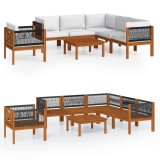 Set fotoliu de gradina cu 7 piese, perne, lemn crem, acacia si franghie