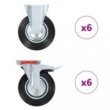 Set 12 Roti Pivotante/Fixe 200mm, Cauciuc+Fier, Negru, 180kg/Roata, Frana, Mobilier/Echipamente