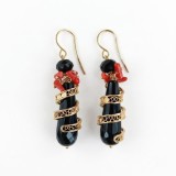 Cumpara ieftin Cercei Argint 925 cu Coral Rosu, Agat Negru &amp; Spirale Filigran placati Aur. Special Plus, 5.5cm, Cutie Cadou. Bijuterii Handmade Italia