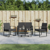 Set mobilier gradina Gossi, 5 piese, negru, ratan PP, perne incluse, masa sticla, otel, 4 locuri