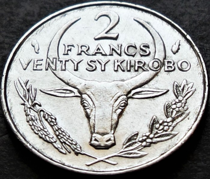 Moneda exotica 2 FRANCI KIROBO- MALAGASY MADAGASCAR, anul 1980 *cod 3849 A
